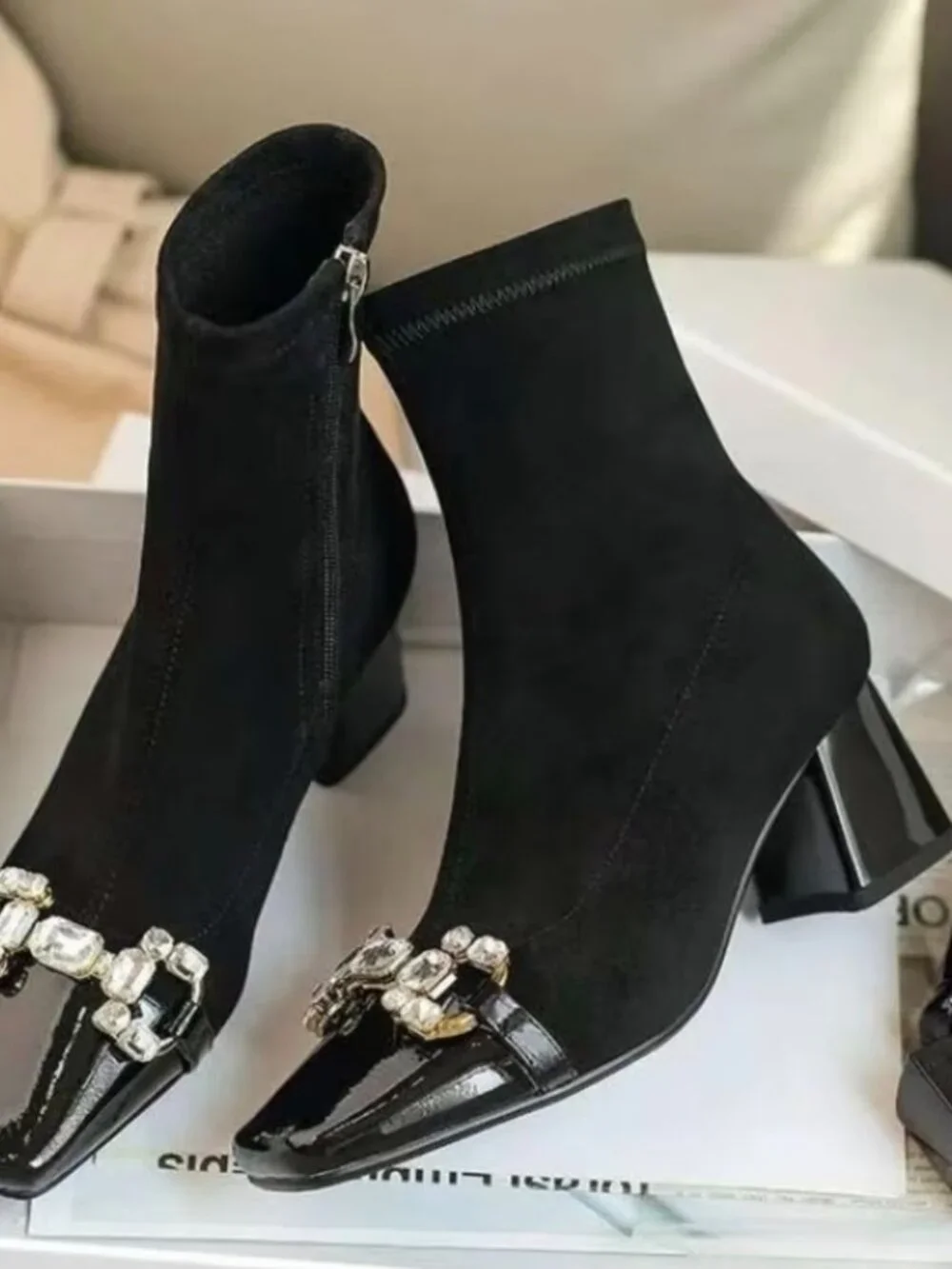 Women'S Black Square Toe Ankle Boots - Rhinestone And Pearl Buckle Detail